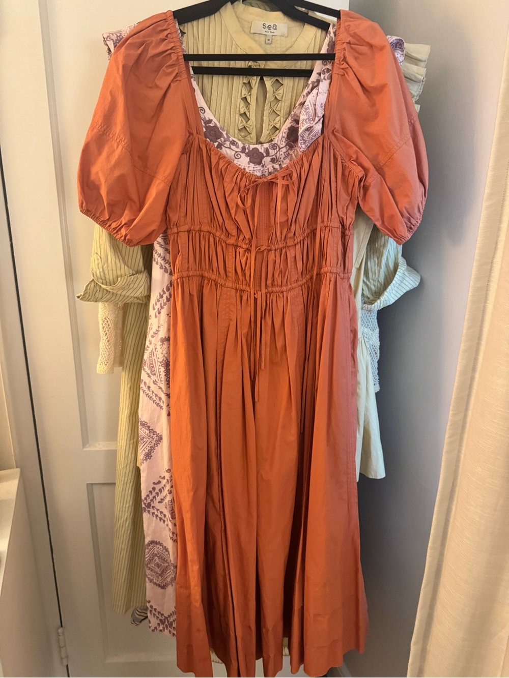 Ulla Johnson Rust Orange Midi Dress with Puff Sleeves